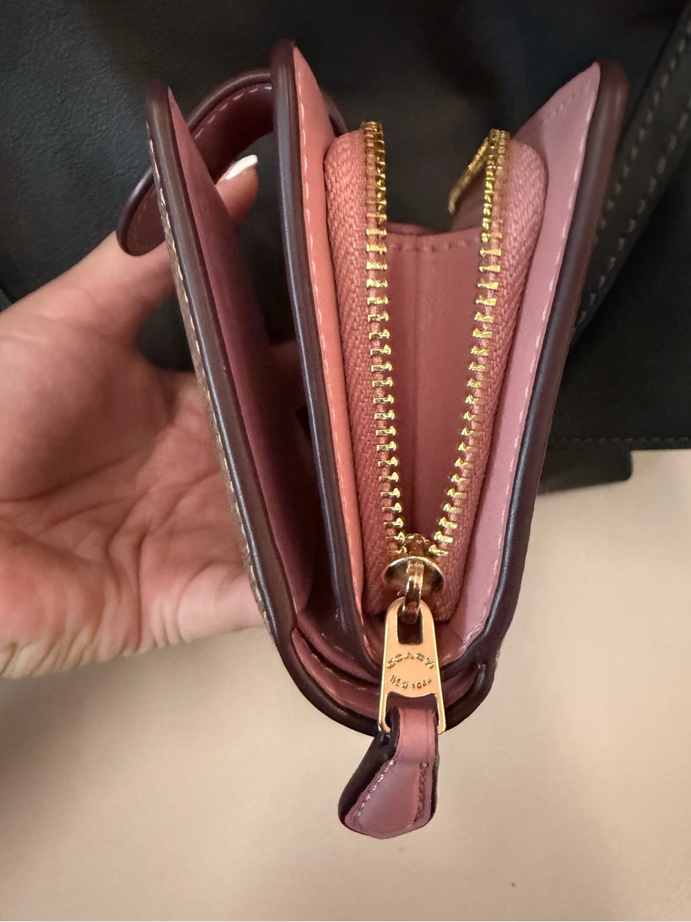 Coach Brown Signature Canvas Wallet with Pink Snap Tab - Picture 7 of 9